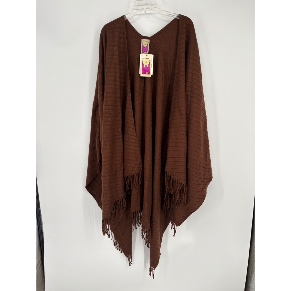 Anthony Mark Hankins Poncho Women OS Brown Knit Fringe Wrap Ribbed Boho Shawl